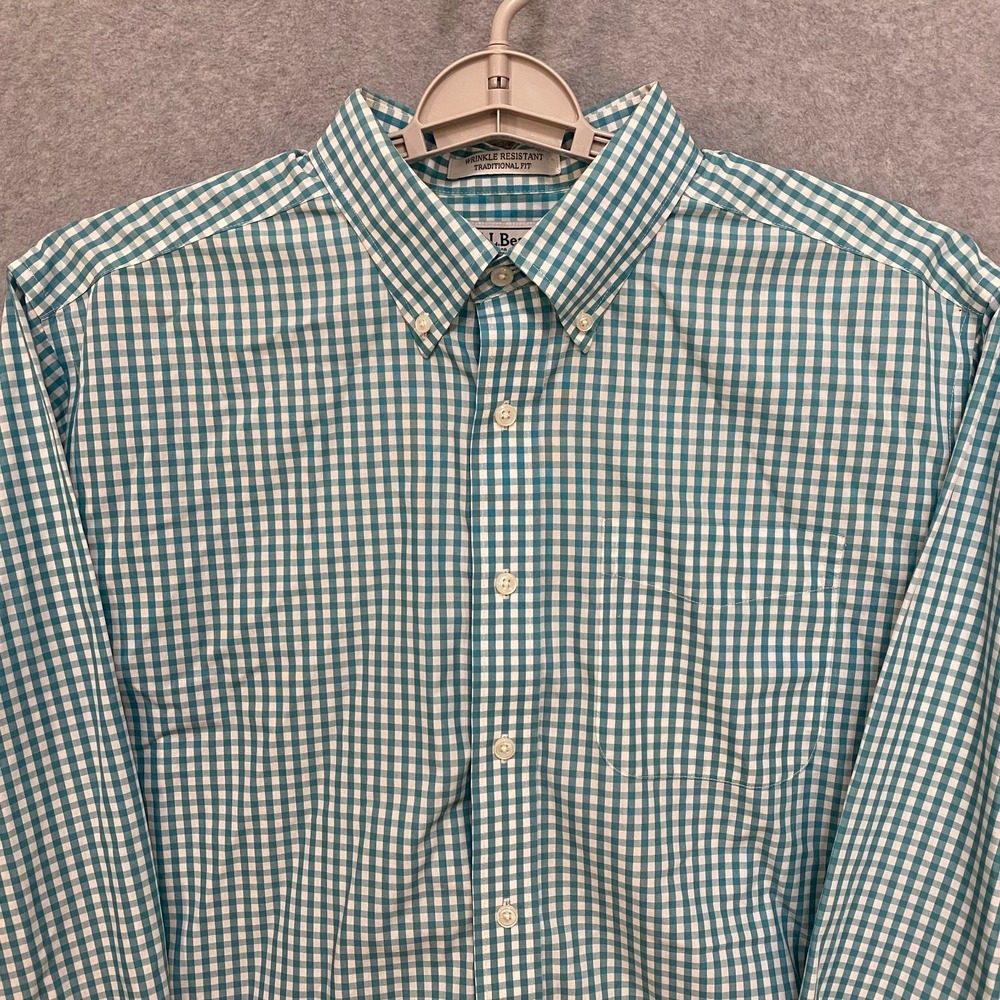 LL BEAN Mens Large Button Down Shirt Blue White Gingham Cotton Wrinkle Resistant - Picture 3 of 7